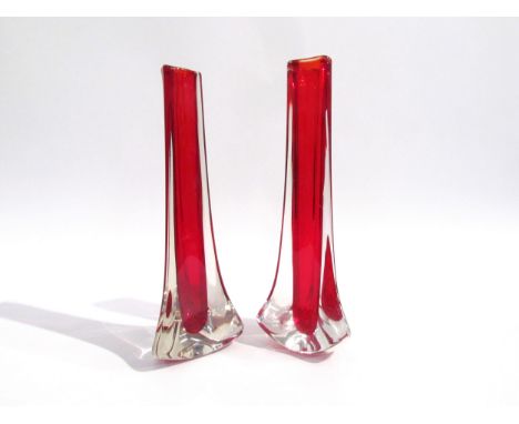 A pair of Whitefriars Tricorn vases designed by Geoffrey Baxter, No.9570 in Ruby.  24.5cm high 