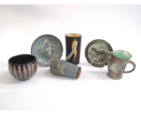Six pieces of Studio pottery , a vase and plate by Lamorna Pottery, a jug by William Fishley-Holland, a vase by Marazion Pott