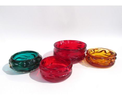 Four Whitefriars Knobbly range bowls designed by William Wilson &amp; Harry Dyer, various sizes in Green, Ruby and Gold. Larg