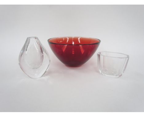 A red Orrefors Glass "Fuga" bowl 21cm x 11cm and two other Orrefors vases, iclear with etched designs, all signed, tallest 13