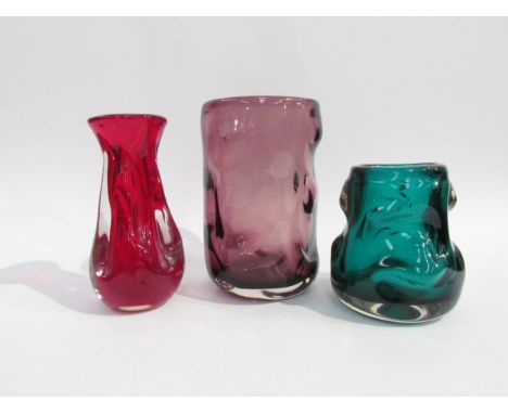 Three Whitefriars Knobbly range vases designed by William Wilson &amp; Harry Dyer, various shapes and sizes in Aubergine, Rub