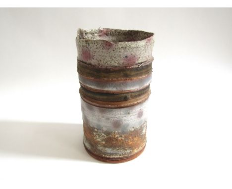 ROBIN WELCH (1936-2019) A studio pottery cylindrical vase, textured finish and enriched with gilt (cracked body from rim, see