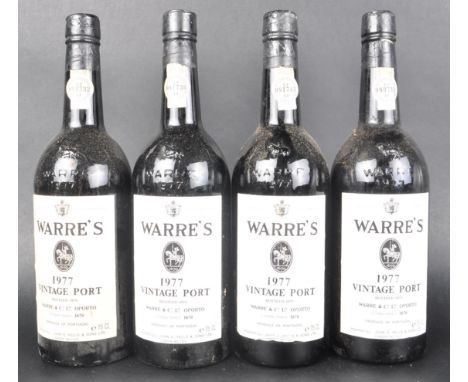 Four bottles of 1977 Warres vintage port. All bottles being 75cl. Seals appear unopened and labels in good condition.