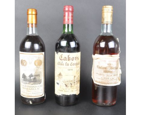 Three bottles of vintage wine to include: Clos La Coutale 1978, Monbazillac 1959 and Chateau Morillon 1975. All bottles appea