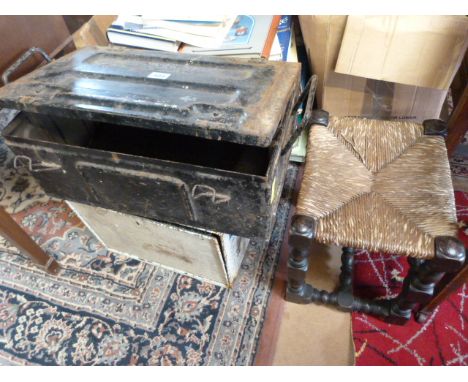 Interesting white metal safebox, black tin trunk and an oak stool