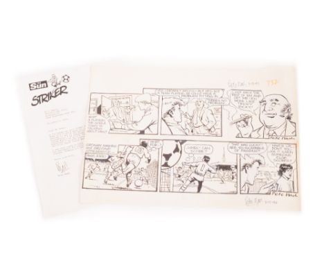 Football Artwork, from the Sun Striker cartoon, an original piece of artwork signed by artist Peter Nash 1996 with letter of 
