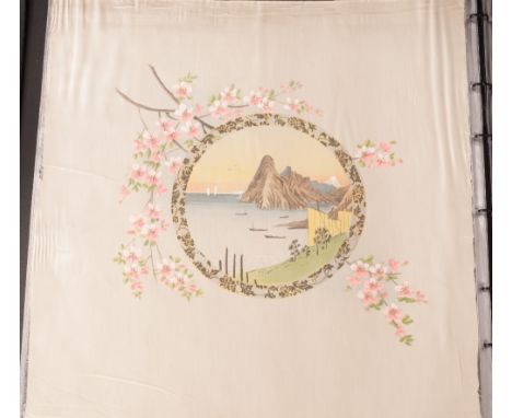 Tobacco silk, ATC, Japanese Scenes, pillow top issue, circular design showing ships along coastline, mountain backdrop, image