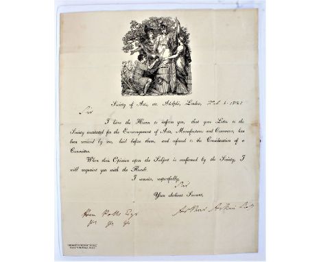 Society of Arts Isis medal award letter 1820, addressed to Miss M. Copland inviting her to attend the award committee to demo