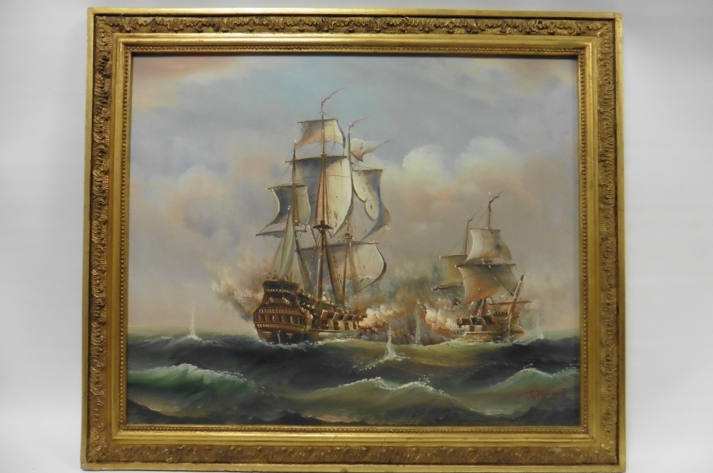 J Harvey Signed Oil Painting On Canvas Of Two Thc Galleons In Battle Framed X Cm