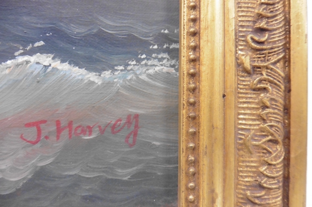 J. Harvey signed oil painting on canvas of two 18thC galleons in