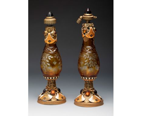 Art Nouveau perfume holder and atomiser. Bohemia, Czechoslovakia, ca. 1900Glass, metal and enamel.Provenance: Private Spanish