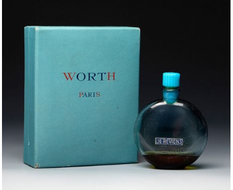 "Je Reviens", perfume by WORTH.  France, ca. 1950.Glass bottle. Lithographed cardboard.Marks on the reverse.Reproduced in "Le