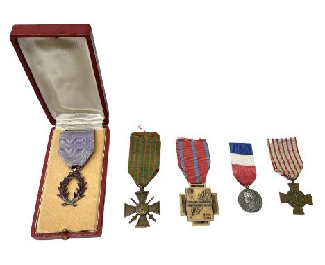 Five continental medals - WW1 Belgian Cross of Fire; WW1 French Croix De Guerre; French Croix De Combattant; French Republic 