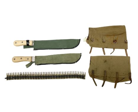 Two unmarked late 20th century machete knives with 37cm blades and fabric sheaths; pair of British Army canvas leggings/spats