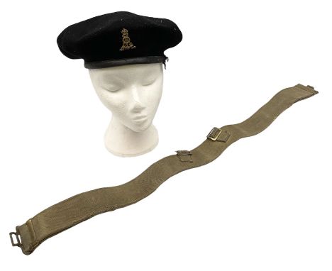 WW2 British black felt beret with Pioneer Corps cap badge, with Kangol Wear maker's mark dated 1943; and a British Army green