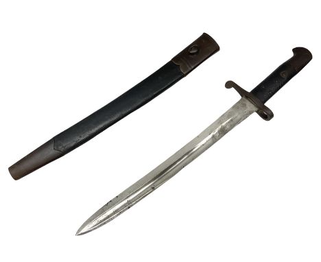 British bayonet with 34cm fullered Yataghan shaped blade, contract shortened, stamped Mole c1915, with leather scabbard, 52cm