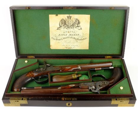 Rare pair of London 40 bore Officer's percussion duelling pistols by Robert Braggs c1830/40, with 9.5" (24cms) octagonal Dama