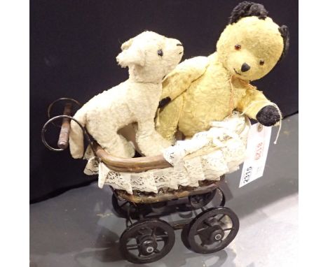 Straw filled Sooty teddy bear vintage filled lamb figurine and a small reproduction Victorian pram 