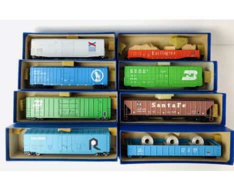 8x HO Scale US Assorted Freight Car Wagons - Fitted with Kadee Couplings All  with Storage Boxes !