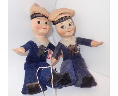 Two vintage filled sailor dolls with cap bands marked Queen Elizabeth and Queen Mary H: 18 cm 