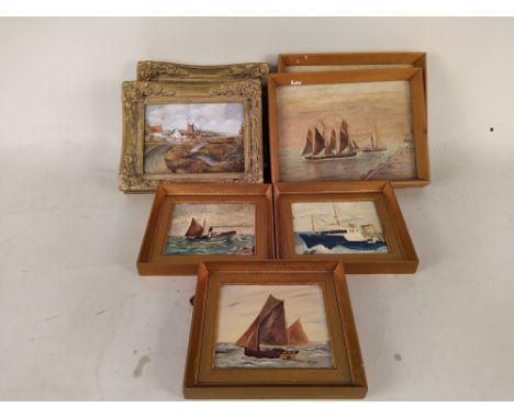 A pair of small oil paintings on board of North Norfolk signed G M Jamieson, three small oils of Lowestoft fishing boats plus