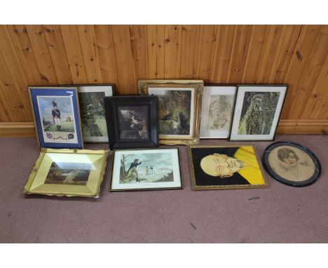 Ten assorted framed prints including hunting scenes, portraits etc