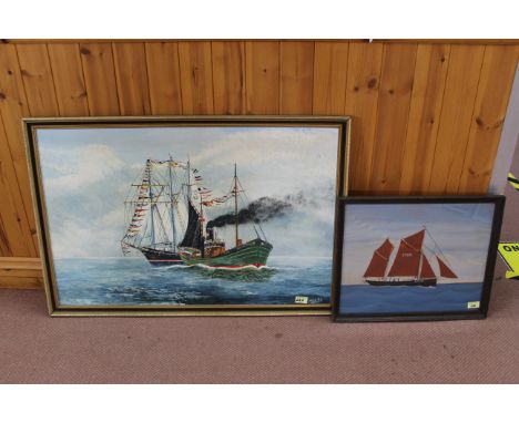A framed oil on board of the Lydia Eve with a fully rigged sailing ship signed MRA '81 plus a framed and glazed naive ship po
