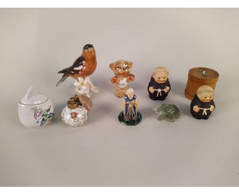 Mixed items including pin dolls, a cross, a Goebel bird, jadeite elephant etc