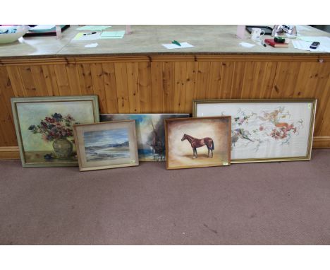 A framed Japanese silk embroidery, a framed still life of anemones plus a horse portrait etc