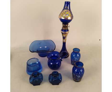 A selection of blue glass including an oil lamp plus a vintage Mahjong set