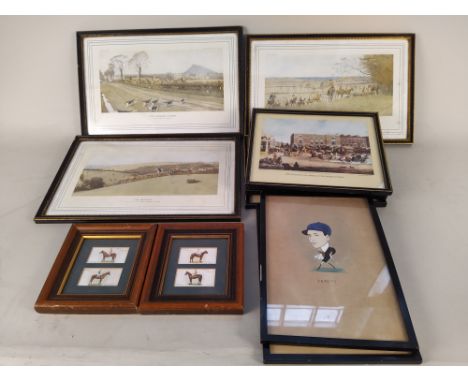 Seven assorted framed hunting and coaching prints plus two gouache caricatures of the jockeys 'J Sirrett' and J Leach' etc