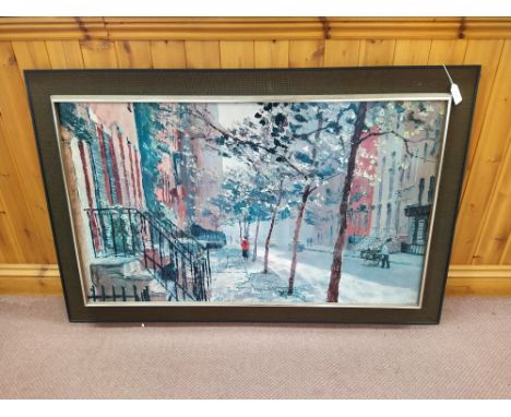 A large framed print of a street scene by Peter Hayward plus a box of mixed pictures, prints and watercolours