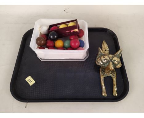 A vintage brass fox door knocker plus a set of half size snooker balls