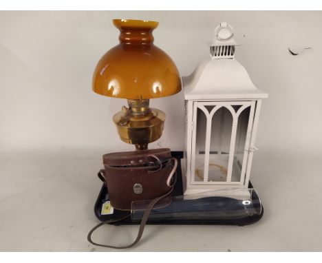 A brass Aladdin oil lamp, a metal lantern plus a set of Lieberman &amp; Gortz 12x42 binoculars