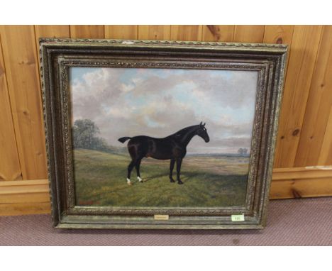 A late 19th Century oil on canvas horse portrait study in a rural landscape titled 'Mainstay', signed Albert Clark in red to 