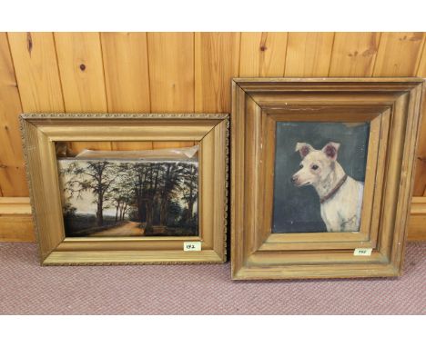 A framed oil on canvas portrait of a terrier signed E M Nelson 1912 plus a framed oil of a woodland lane
