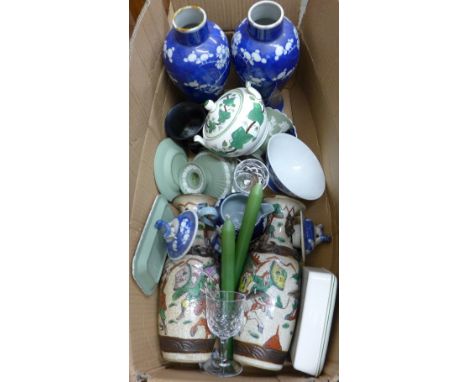 Two pairs of oriental vases, an oriental dish, five items of Wedgwood Jasperware, other Wedgwood, a Copeland Spode jug, etc.