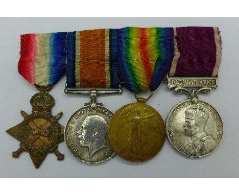 A group of four medals;- a WWI trio with 14/15 Star to 17245 Pte. P.G. Bradley, Notts & Derby R. and a George V Army Long Ser