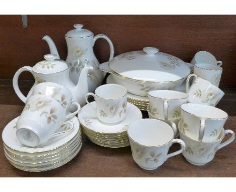 Royal Doulton Yorkshire Rose china comprising tea and coffee pot, seven coffee, tea cups, saucers and side plates, five soup 