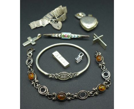 Silver jewellery including an enamel brooch, bracelets, etc., total weight 70g