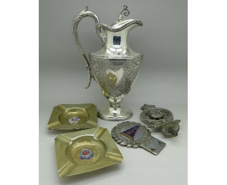 Two car badges, Royal Aero Club and Royal Automobile Club, two ashtrays and a plated water jug