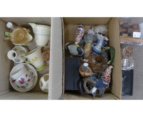 Two boxes of decorative china and glass including a Worcester vase, bird figures, a pair of Imari rhinos, a hip flask, etc.