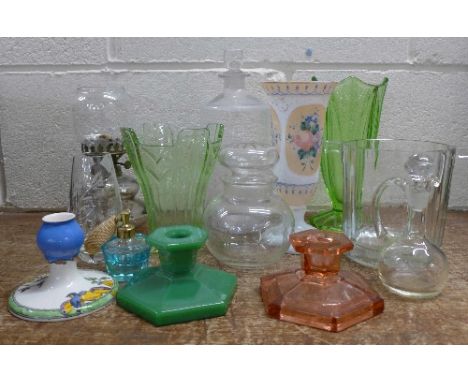 Glassware including an oil lamp, coloured glass, etc.