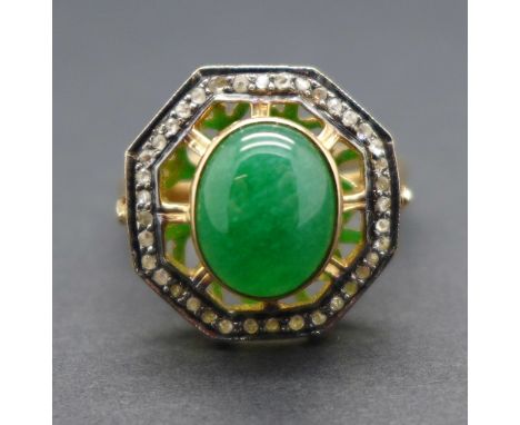 A 14ct gold, Art Deco style jade and diamond ring, 5.2g, P