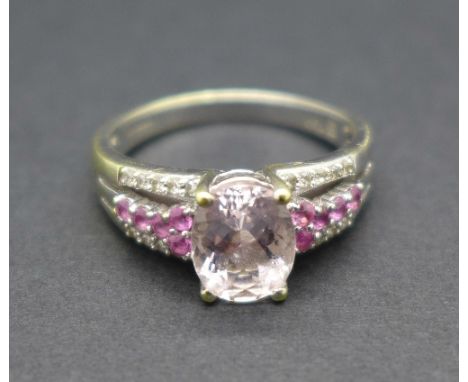 An 18ct white gold, morganite and diamond ring, 5.8g, R