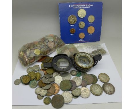 Assorted coins including English and foreign, pre and post 1920 silver coins including half crowns and a compass