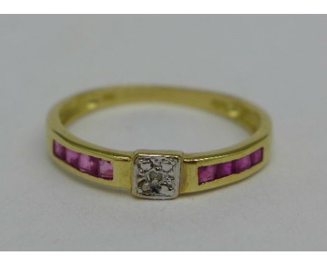 A 9ct gold, ruby and diamond ring, 1.9g, O