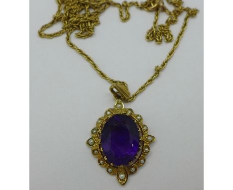 A 9ct gold, amethyst and seed pearl pendant on a 9ct gold chain, 8.4g