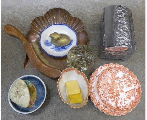 A copper crumb tray with brush, marked J.S.&S., a paperweight, Spode teaware, a brass inkwell, two fobs, a casket, etc.