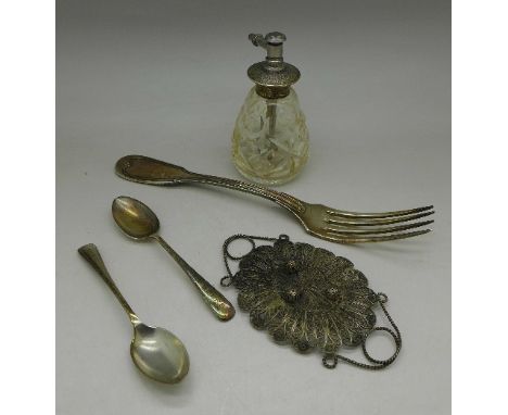 Two silver teaspoons, a white metal fork, a silver topped scent and a pierced dish